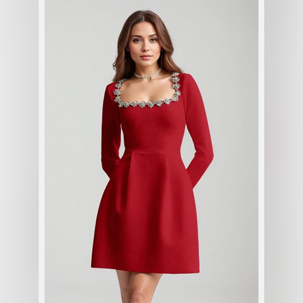 Red Long-Sleeve Square-Neck Dress with Floral Crystal Trim